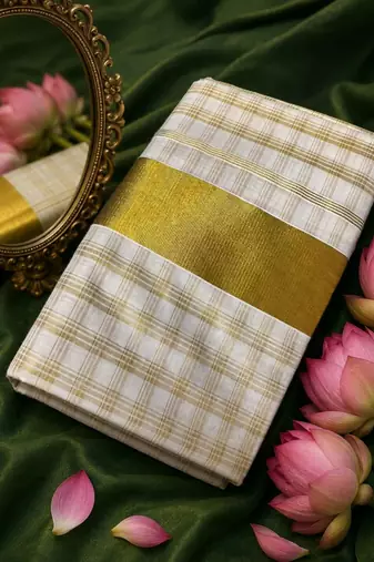 Checked Pure Cotton Designer Kasavu Saree