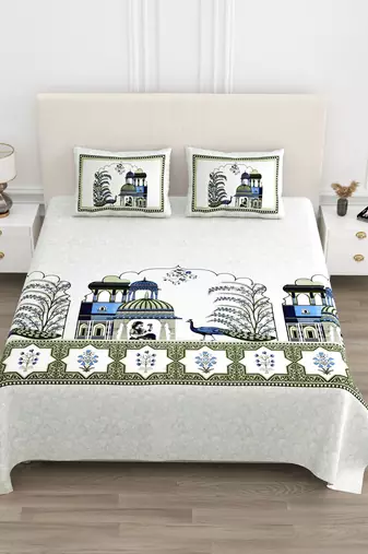 Cotton Screen Printed King Size Double Bed Bedsheet with 2 Pillow Covers