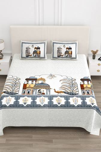Cotton Screen Printed King Size Double Bed Bedsheet with 2 Pillow Covers