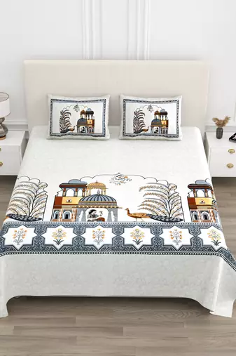 Cotton Screen Printed King Size Double Bed Bedsheet with 2 Pillow Covers