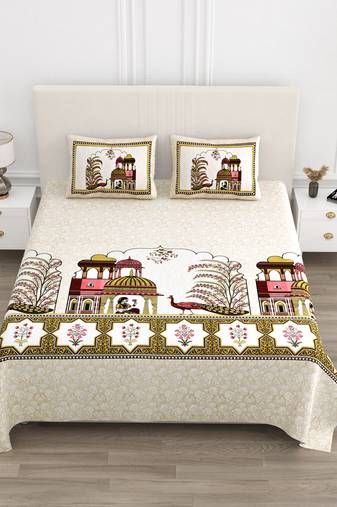Cotton Screen Printed King Size Double Bed Bedsheet with 2 Pillow Covers