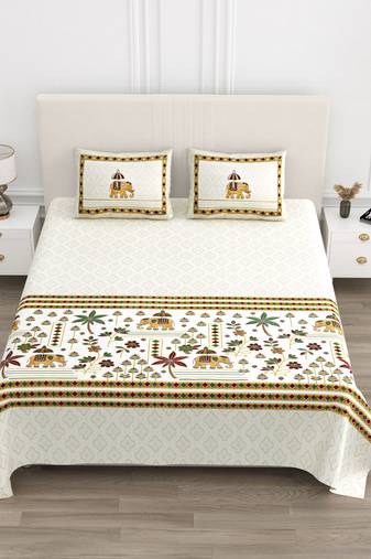 Cotton Screen Printed King Size Double Bed Bedsheet with 2 Pillow Covers