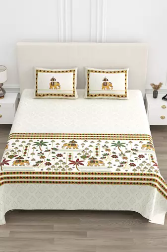 Cotton Screen Printed King Size Double Bed Bedsheet with 2 Pillow Covers