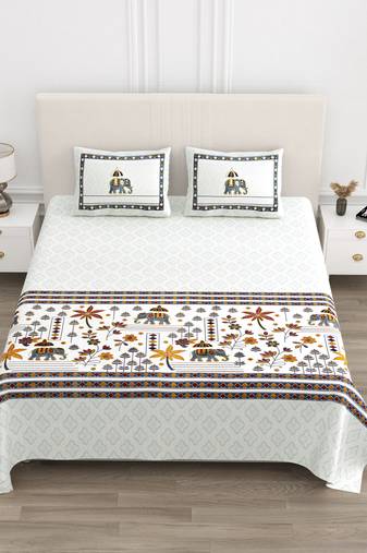 Cotton Screen Printed King Size Double Bed Bedsheet with 2 Pillow Covers