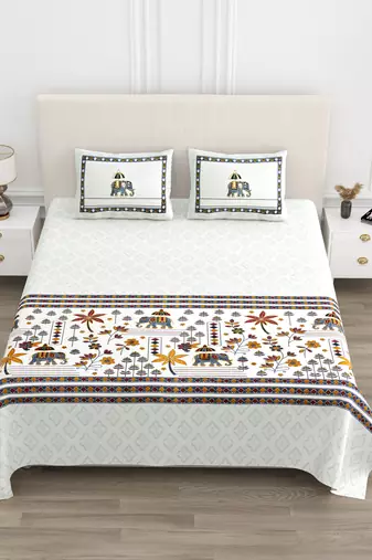 Cotton Screen Printed King Size Double Bed Bedsheet with 2 Pillow Covers