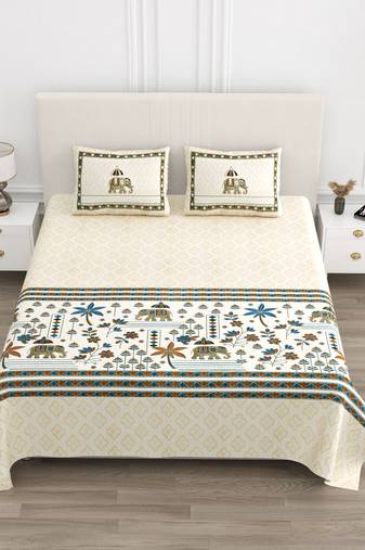 Cotton Screen Printed King Size Double Bed Bedsheet with 2 Pillow Covers