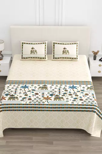 Cotton Screen Printed King Size Double Bed Bedsheet with 2 Pillow Covers