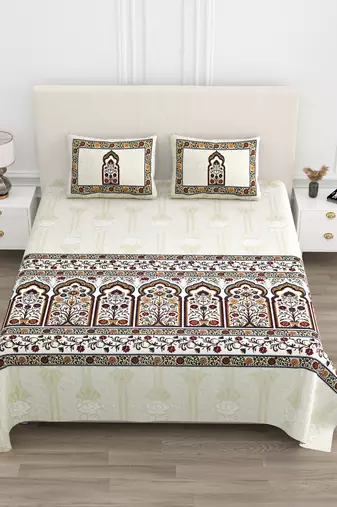 Cotton Screen Printed King Size Double Bed Bedsheet with 2 Pillow Covers