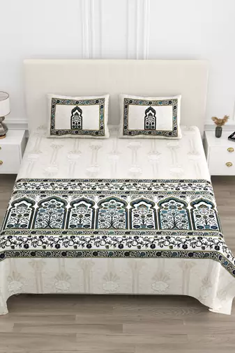 Cotton Screen Printed King Size Double Bed Bedsheet with 2 Pillow Covers