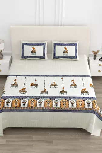 Cotton Screen Printed King Size Double Bed Bedsheet with 2 Pillow Covers