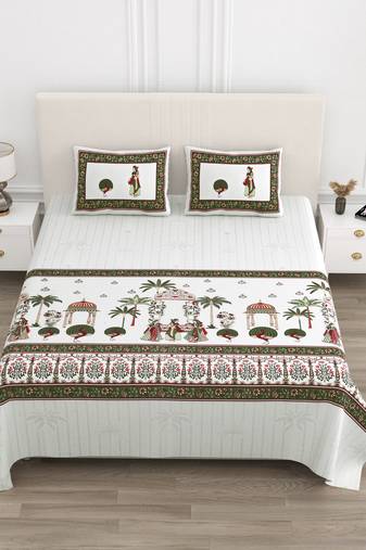 Cotton Screen Printed King Size Double Bed Bedsheet with 2 Pillow Covers
