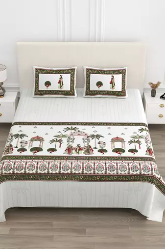 Cotton Screen Printed King Size Double Bed Bedsheet with 2 Pillow Covers