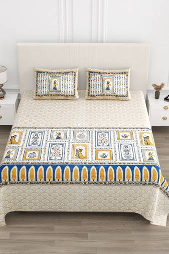 Cotton Screen Printed King Size Double Bed Bedsheet with 2 Pillow Covers