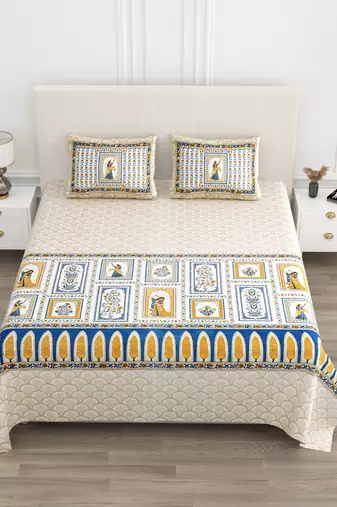 Cotton Screen Printed King Size Double Bed Bedsheet with 2 Pillow Covers