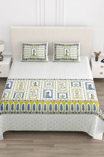 Cotton Screen Printed King Size Double Bed Bedsheet with 2 Pillow Covers
