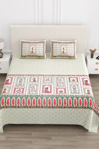 Cotton Screen Printed King Size Double Bed Bedsheet with 2 Pillow Covers
