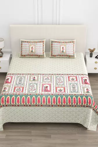 Cotton Screen Printed King Size Double Bed Bedsheet with 2 Pillow Covers