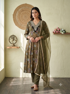 Women floral printed anarkali kurta set with dupatta & pant 1