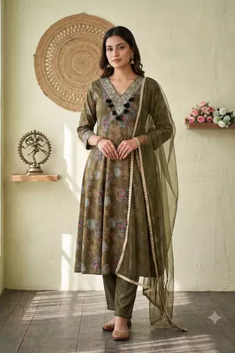 Women floral printed anarkali kurta set with dupatta & pant