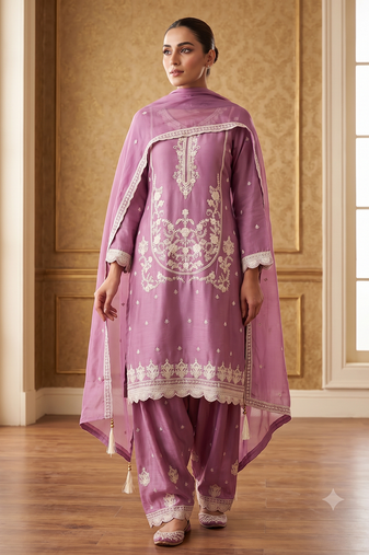 pink embroidered kurti with sharara & border dupatta