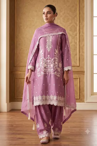 pink embroidered kurti with sharara & border dupatta