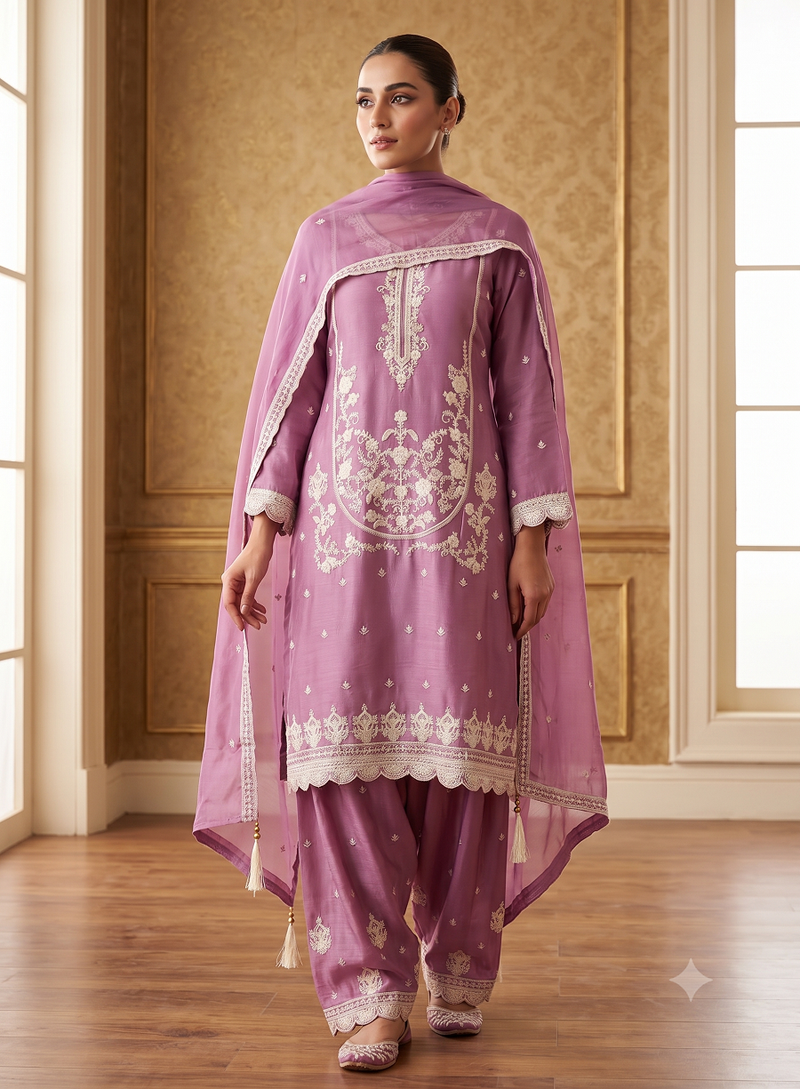 Pink embroidered kurti with sharara & border dupatta