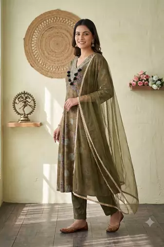 Women floral printed anarkali kurta set with dupatta & pant