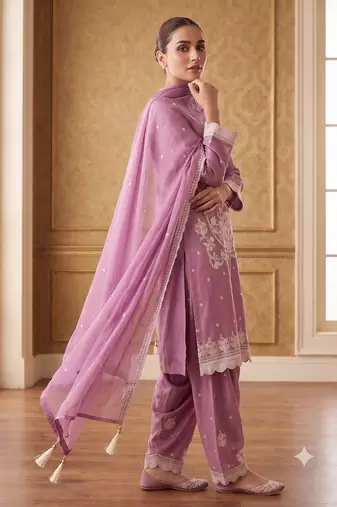 pink embroidered kurti with sharara & border dupatta