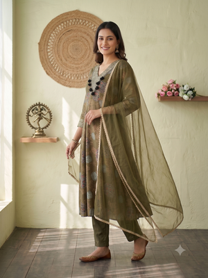 Women floral printed anarkali kurta set with dupatta & pant 3