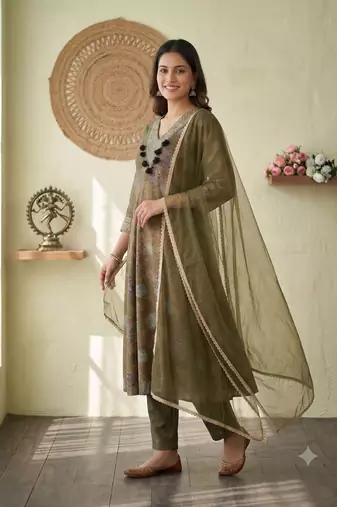 Women floral printed anarkali kurta set with dupatta & pant