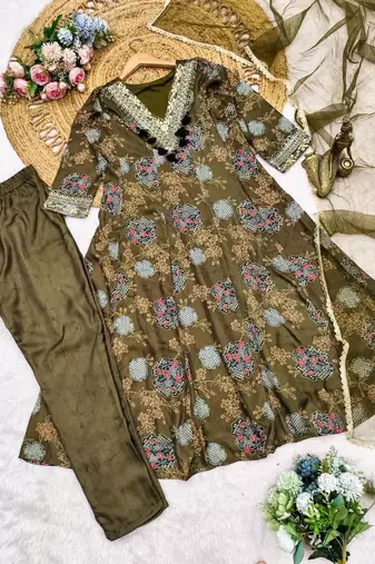 Women floral printed anarkali kurta set with dupatta & pant