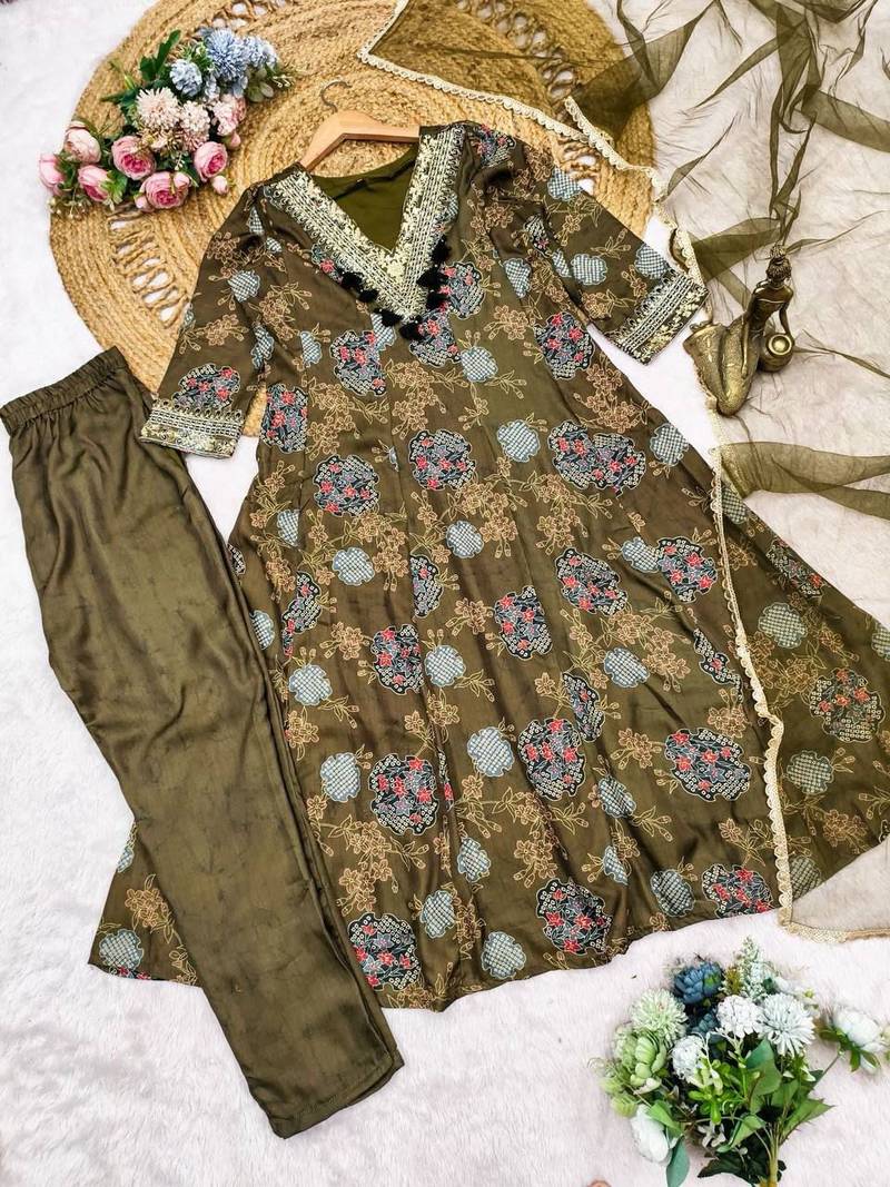 Women floral printed anarkali kurta set with dupatta & pant
