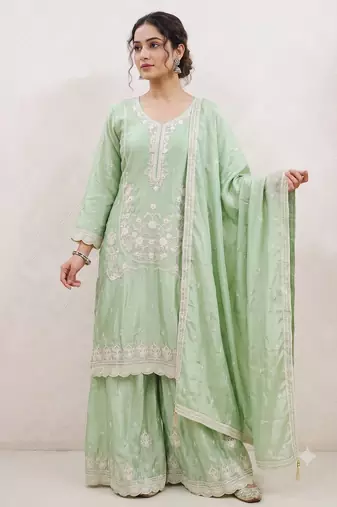 pastel pista green embroidered kurti set