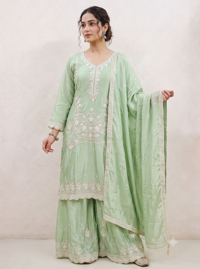 Pastel pista green embroidered kurti set