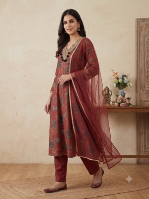 Women floral printed anarkali kurta set with dupatta & pant 1