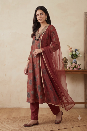 Women floral printed anarkali kurta set with dupatta & pant