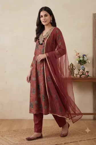 Women floral printed anarkali kurta set with dupatta & pant