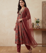 Women floral printed anarkali kurta set with dupatta & pant
