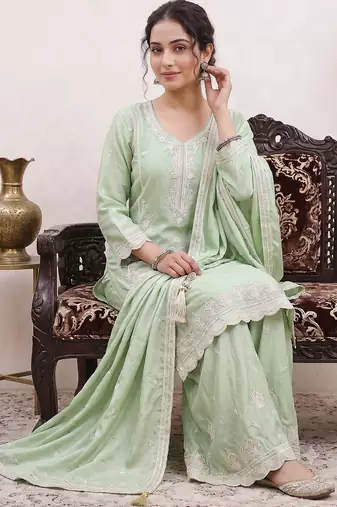 pastel pista green embroidered kurti set