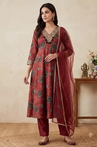Women floral printed anarkali kurta set with dupatta & pant