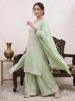 Pastel pista green embroidered kurti set 3