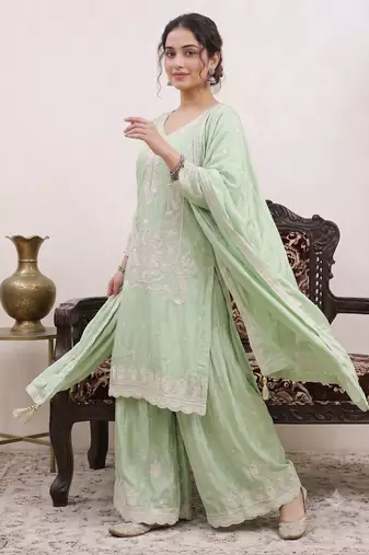 pastel pista green embroidered kurti set