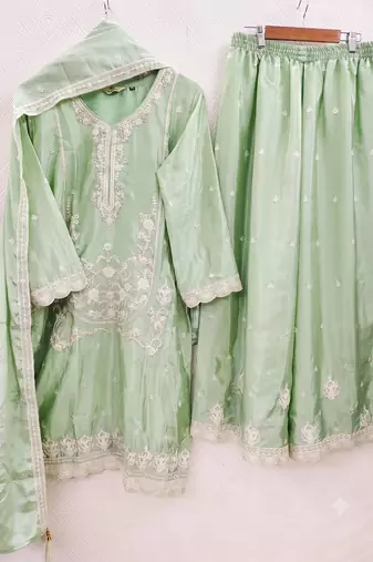pastel pista green embroidered kurti set