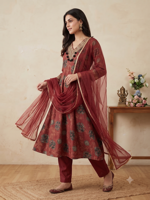 Women floral printed anarkali kurta set with dupatta & pant 3