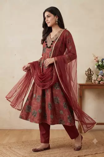 Women floral printed anarkali kurta set with dupatta & pant