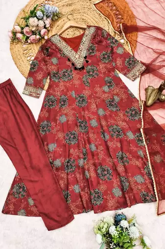 Women floral printed anarkali kurta set with dupatta & pant