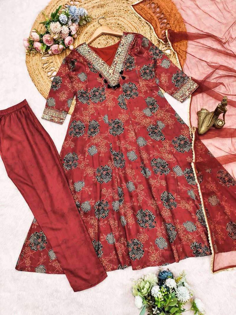 Women floral printed anarkali kurta set with dupatta & pant