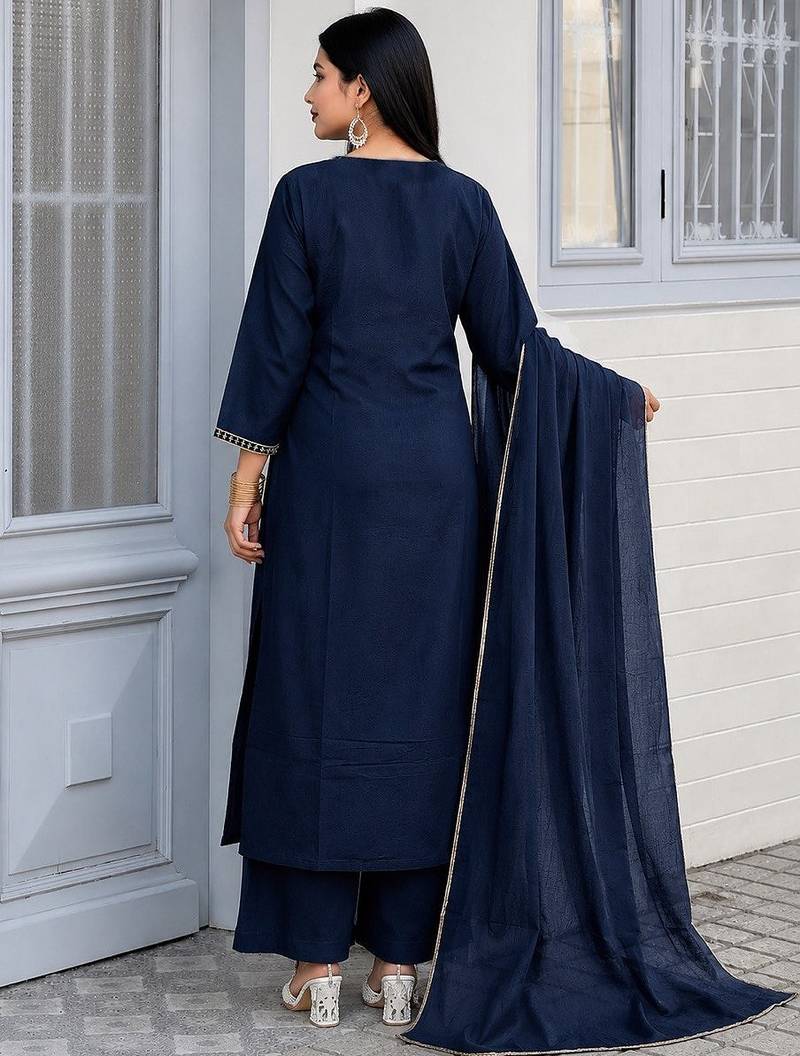 Deep blue embroidered kurta set with pants & lace work dupatta