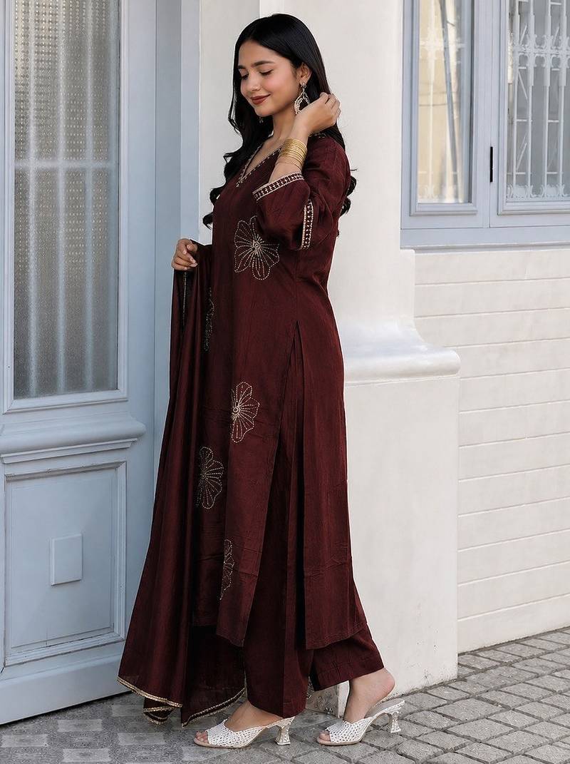 Deep maroon embroidered kurta set with pants & lace work dupatta