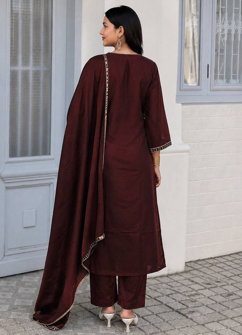 Deep maroon embroidered kurta set with pants & lace work dupatta